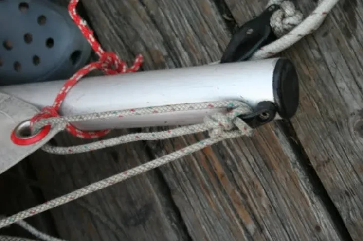 Bowline in the Laser outhaul line at the end of the boom.